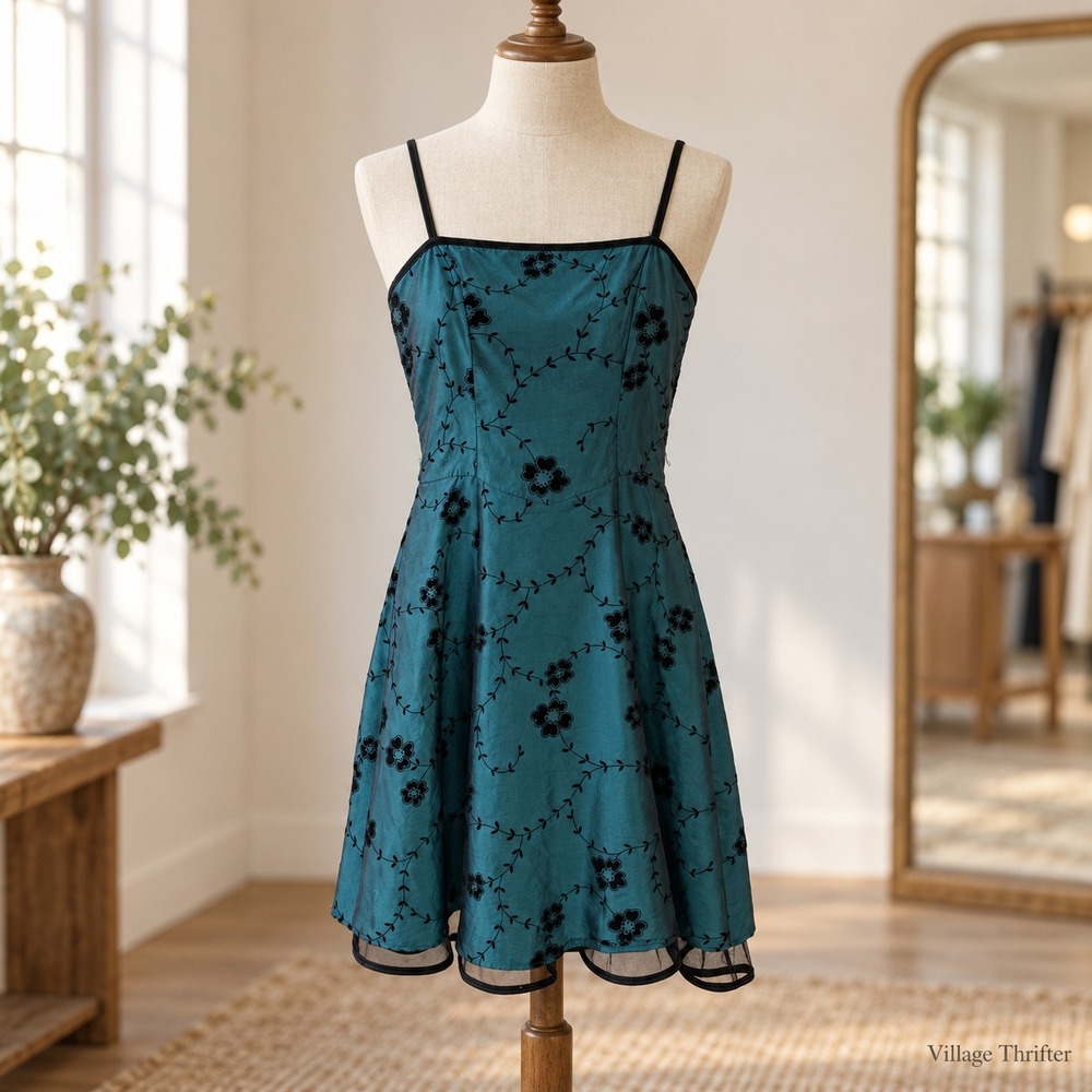 Dressbarn Formal Dress Womens 4 Teal Blue Floral Whimsigoth Y2K 90s Vintage